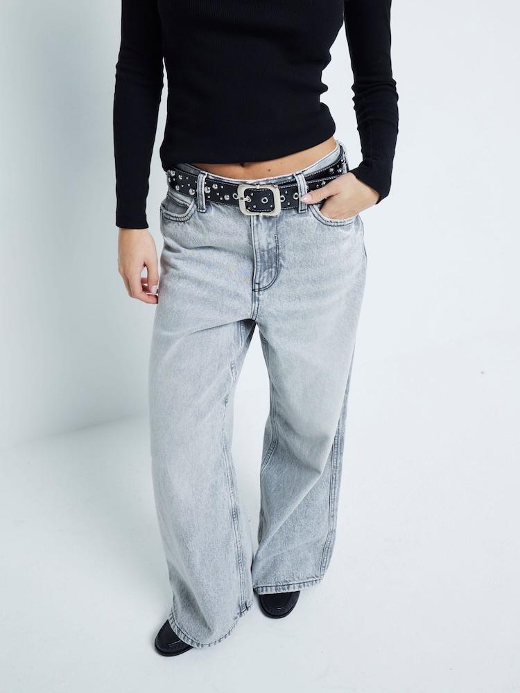 River Island Grey Petite Super 100% Cotton Wide Leg Jeans - Image 1 of 6 River Island Grey Petite Super 100% Cotton Wide Leg Jeans - Image 1 of 6