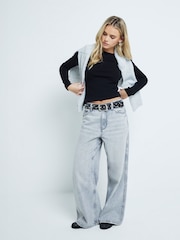 River Island Grey Petite Super 100% Cotton Wide Leg Jeans - Image 2 of 6