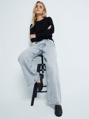 River Island Grey Petite Super 100% Cotton Wide Leg Jeans - Image 3 of 6