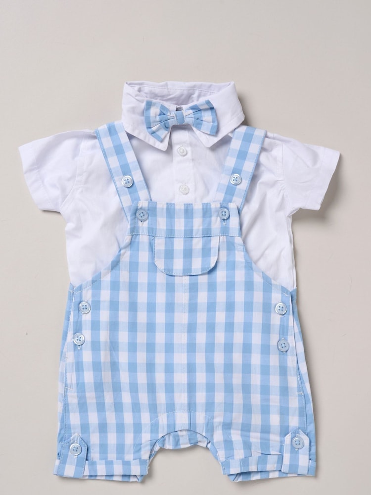 Little Gent Blue 100% Cotton Bodysuit Shirt Dungarees and Bowtie Outfit Set - Image 3 of 5