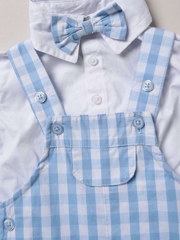 Little Gent Blue 100% Cotton Bodysuit Shirt Dungarees and Bowtie Outfit Set - Image 4 of 5