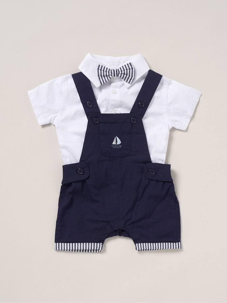 Little Gent Blue 100% Cotton Bodysuit Shirt Dungarees and Bowtie Outfit Set - Image 1 of 2