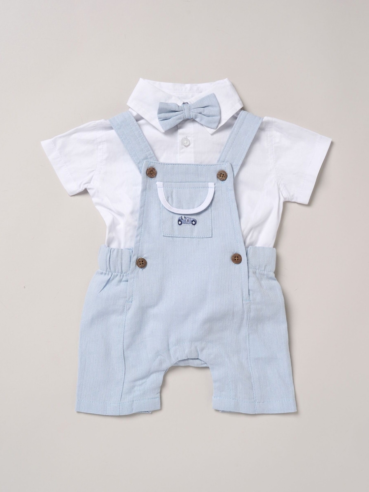 Little Gent Blue 100% Cotton Bodysuit Shirt Dungarees and Bowtie Outfit Set - Image 1 of 3