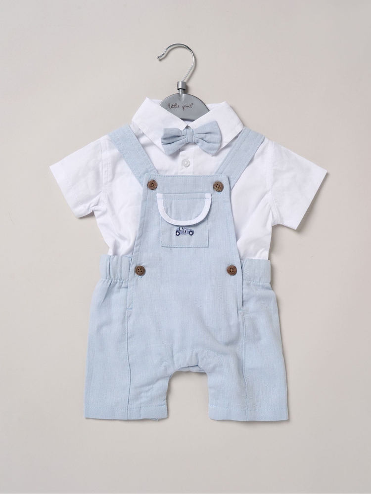 Little Gent Blue 100% Cotton Bodysuit Shirt Dungarees and Bowtie Outfit Set - Image 2 of 3