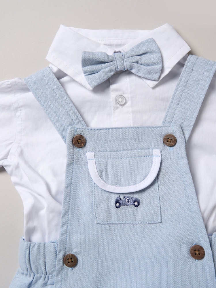 Little Gent Blue 100% Cotton Bodysuit Shirt Dungarees and Bowtie Outfit Set - Image 3 of 3