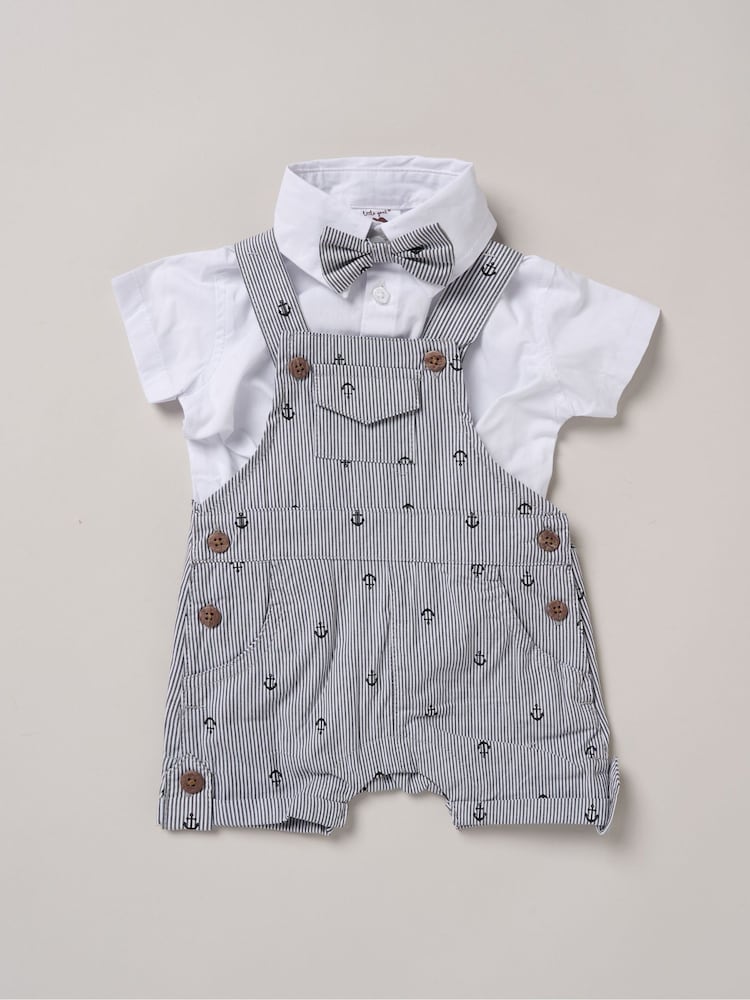 Little Gent Blue 100% Cotton Bodysuit Shirt Dungarees and Bowtie Outfit Set - Image 1 of 3