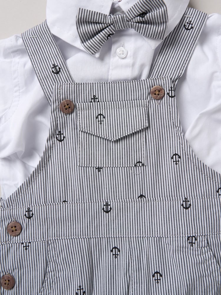 Little Gent Blue 100% Cotton Bodysuit Shirt Dungarees and Bowtie Outfit Set - Image 3 of 3