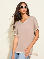 Friends Like These Mocha Short Sleeve V-Neck Tipped Tunic - Image 1 of 4