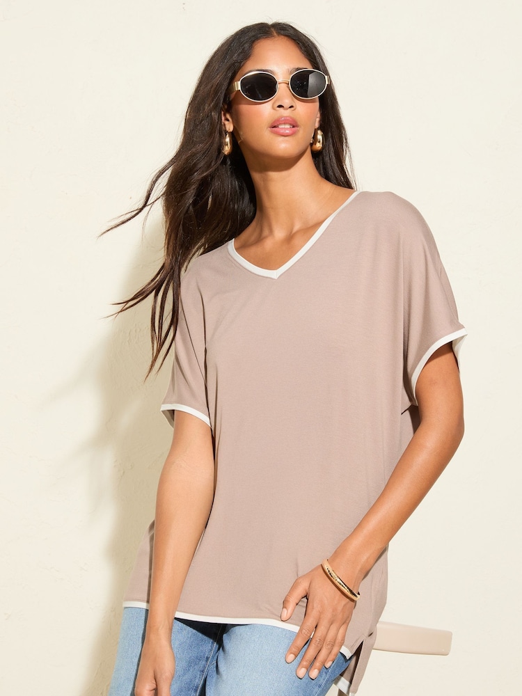 Friends Like These Mocha Short Sleeve V-Neck Tipped Tunic - Image 1 of 4