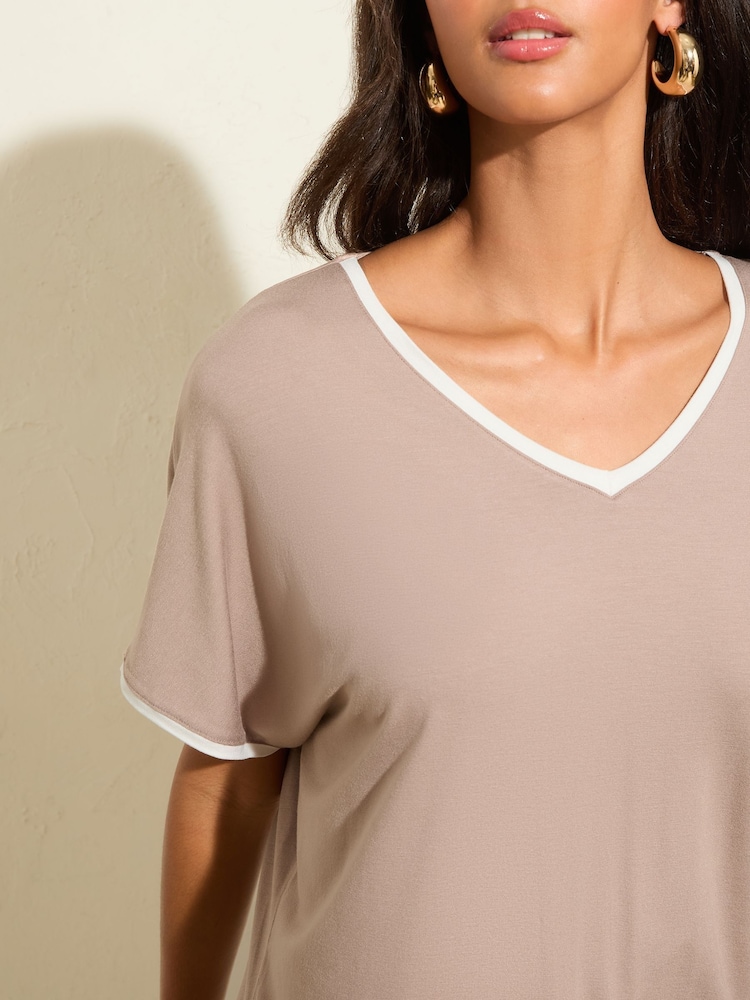 Friends Like These Mocha Short Sleeve V-Neck Tipped Tunic - Image 2 of 4