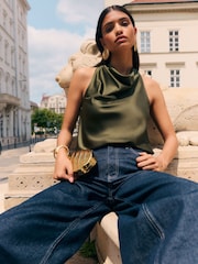 Friends Like These Khaki Green Satin Cowl Neck Sleeveless Blouse - Image 1 of 5