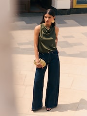 Friends Like These Khaki Green Satin Cowl Neck Sleeveless Blouse - Image 3 of 5