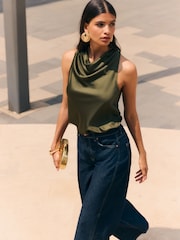 Friends Like These Khaki Green Satin Cowl Neck Sleeveless Blouse - Image 4 of 5