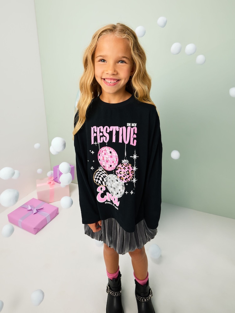Black Festive Era Long Sleeve Sequin Top (3-16yrs) - Image 1 of 7