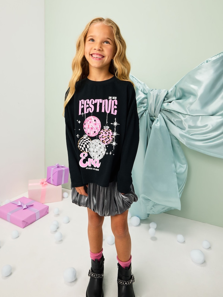 Black Festive Era Long Sleeve Sequin Top (3-16yrs) - Image 2 of 7