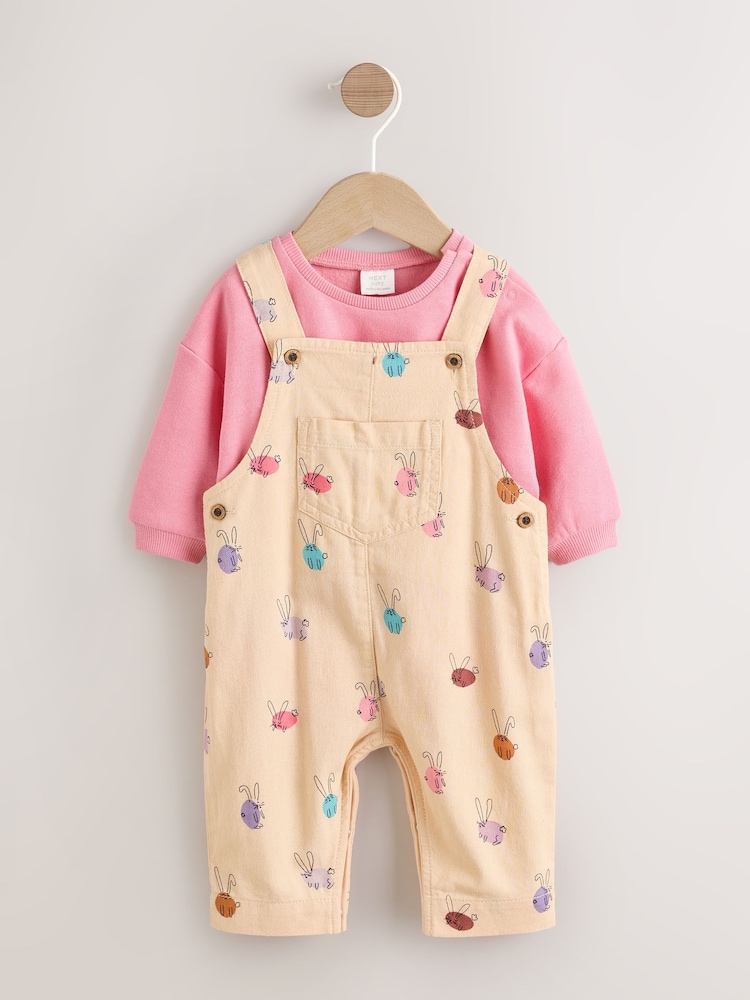 Cream/Pink Rabbit Baby Dungaree and Bodysuit Two Piece Set (0mths-3yrs) - Image 1 of 10