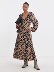 JD Williams Brown Textured Animal Print Jersey Seam Front Maxi Brown Dress - Image 1 of 4