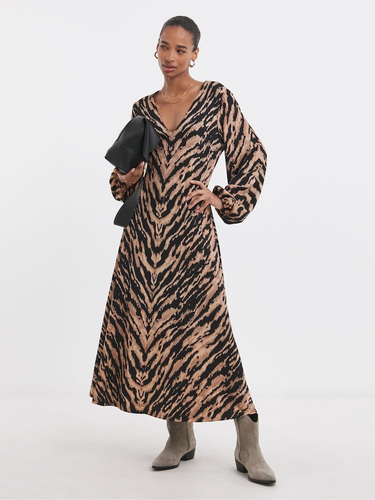 JD Williams Brown Textured Animal Print Jersey Seam Front Maxi Brown Dress - Image 1 of 4
