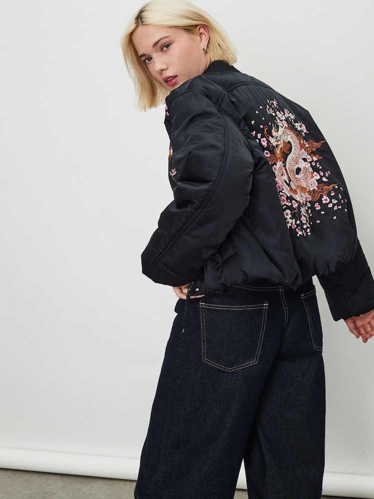 Oriental Print Navy Bomber Jacket - Image 1 of 5 Oriental Print Navy Bomber Jacket - Image 1 of 5