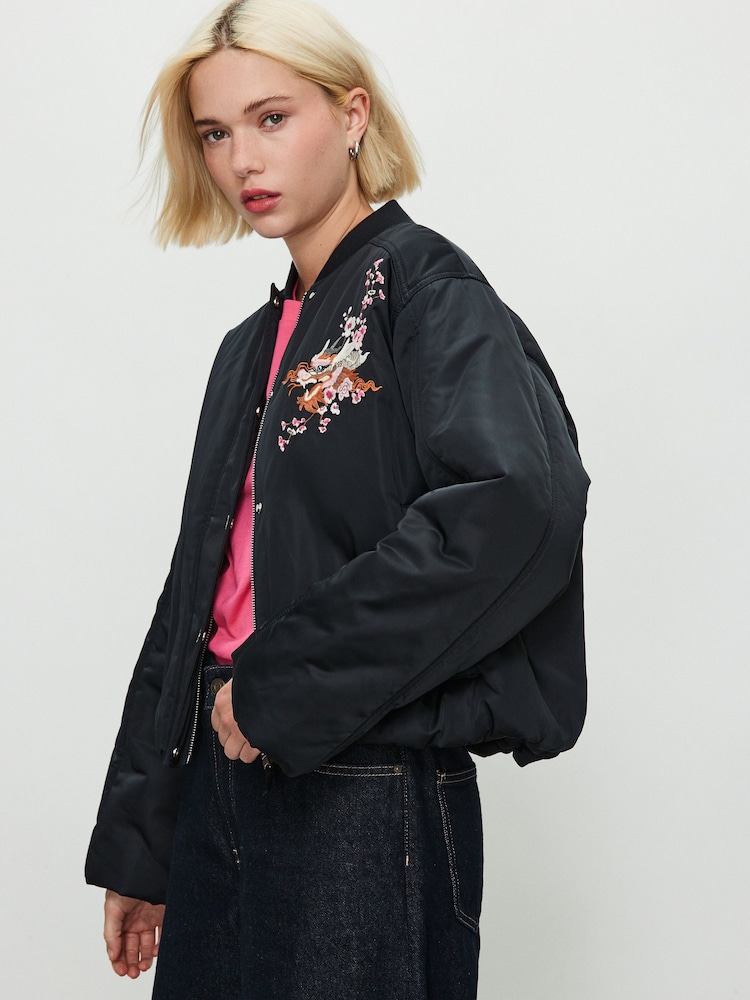 Oriental Print Navy Bomber Jacket - Image 2 of 5 Oriental Print Navy Bomber Jacket - Image 2 of 5