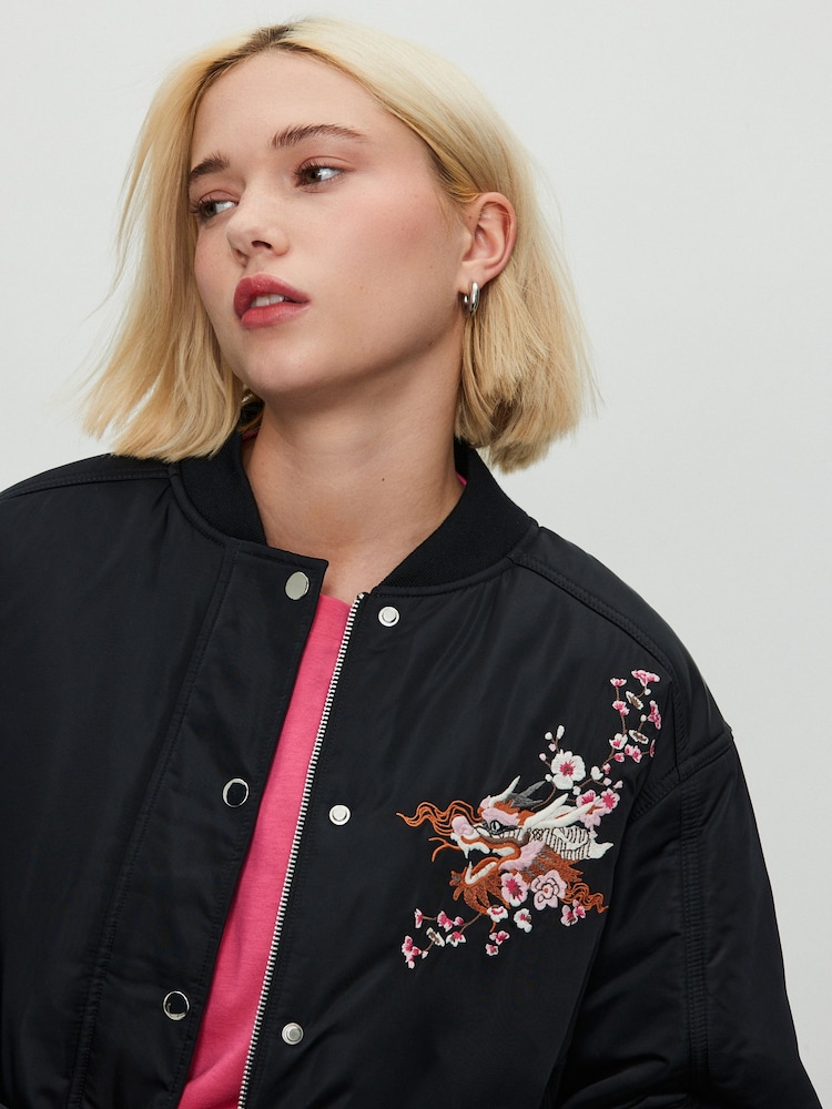 Oriental Print Navy Bomber Jacket - Image 5 of 5 Oriental Print Navy Bomber Jacket - Image 5 of 5