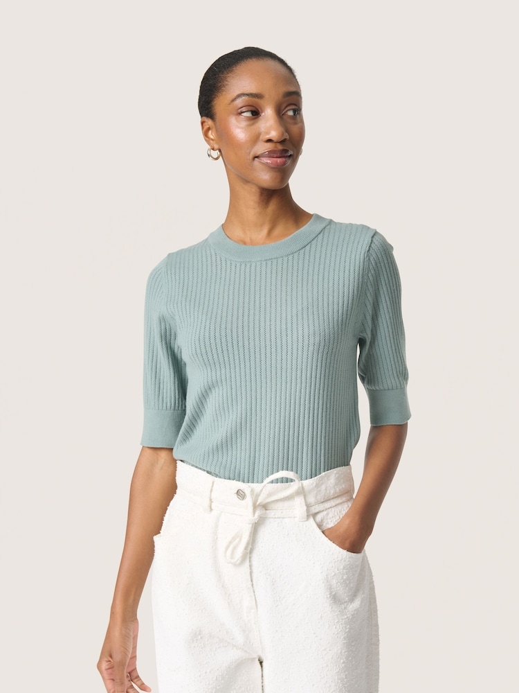 Soaked in Luxury Blue SLSpina Short Sleeves Rib Knit Pullover Jumper - Image 1 of 6