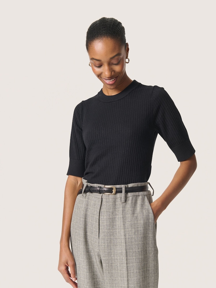 Soaked in Luxury Spina Short Sleeves Black Rib Knit Top - Image 1 of 6