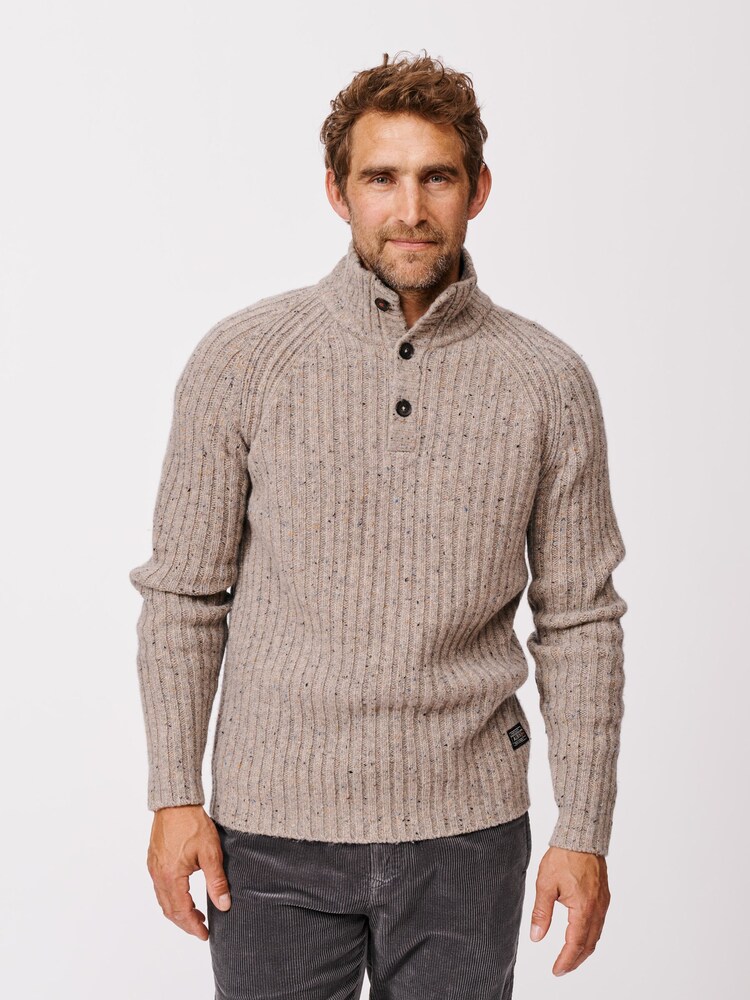 Aubin Natural Farnham Fisherman Rib Button Neck Jumper - Image 1 of 5