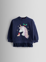 JoJo Maman Bébé Navy Blue Unicorn Appliqué Tulle Frill Sweatshirt - Image 1 of 4