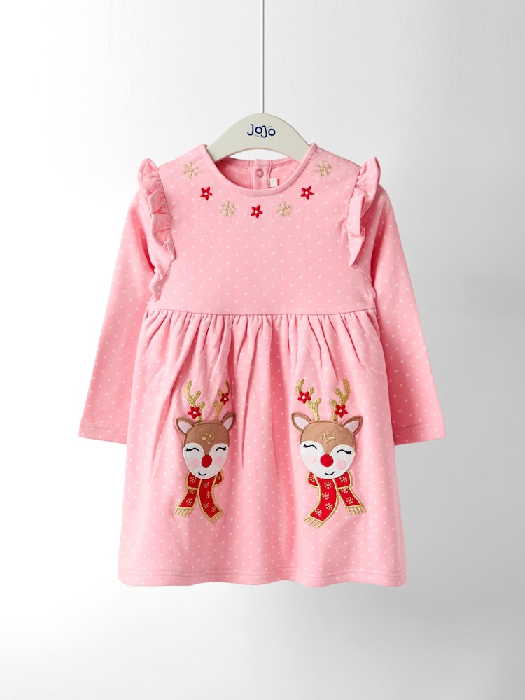 JoJo Maman Bébé Rose Pink Reindeer Christmas Frill Shoulder Appliqué Dress - Image 1 of 4 JoJo Maman Bébé Rose Pink Reindeer Christmas Frill Shoulder Appliqué Dress - Image 1 of 4