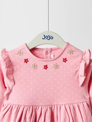 JoJo Maman Bébé Rose Pink Reindeer Christmas Frill Shoulder Appliqué Dress - Image 3 of 4