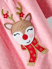 JoJo Maman Bébé Rose Pink Reindeer Christmas Frill Shoulder Appliqué Dress - Image 4 of 4