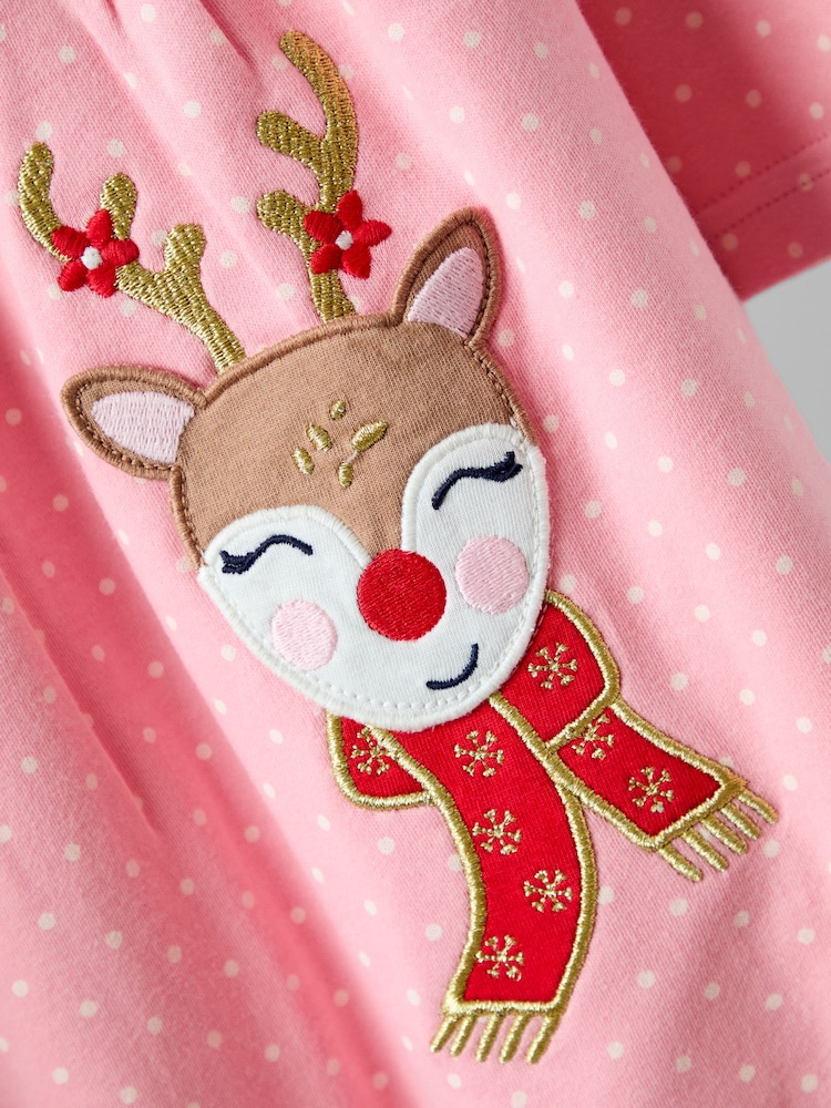JoJo Maman Bébé Rose Pink Reindeer Christmas Frill Shoulder Appliqué Dress - Image 4 of 4 JoJo Maman Bébé Rose Pink Reindeer Christmas Frill Shoulder Appliqué Dress - Image 4 of 4