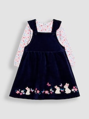 JoJo Maman Bébé Blue Hedgehog Applique Velour Pinafore Dress & Top Set - Image 1 of 5