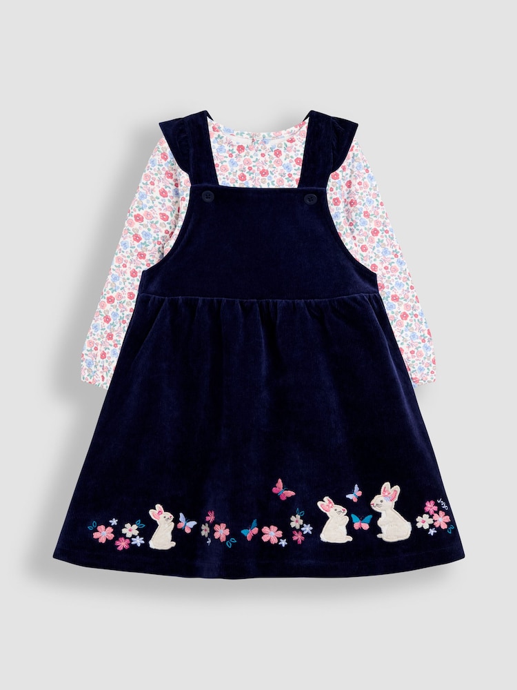 JoJo Maman Bébé Blue Hedgehog Applique Velour Pinafore Dress & Top Set - Image 1 of 5 JoJo Maman Bébé Blue Hedgehog Applique Velour Pinafore Dress & Top Set - Image 1 of 5