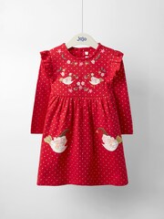JoJo Maman Bébé Red Robin Christmas Frill Shoulder Appliqué Dress - Image 1 of 5