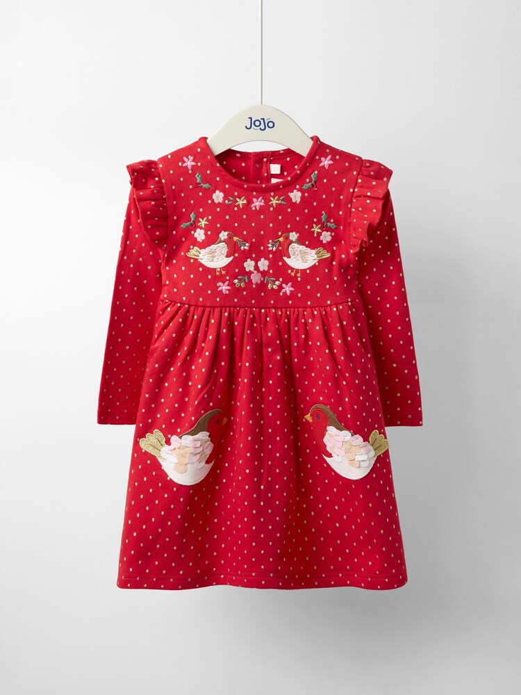 JoJo Maman Bébé Red Robin Christmas Frill Shoulder Appliqué Dress - Image 1 of 5