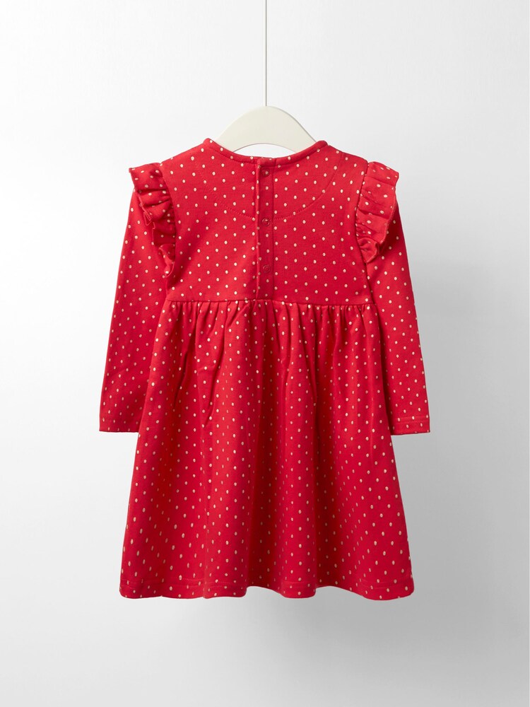 JoJo Maman Bébé Red Robin Christmas Frill Shoulder Appliqué Dress - Image 2 of 5