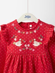 JoJo Maman Bébé Red Robin Christmas Frill Shoulder Appliqué Dress - Image 3 of 5
