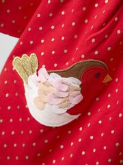JoJo Maman Bébé Red Robin Christmas Frill Shoulder Appliqué Dress - Image 4 of 5