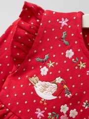 JoJo Maman Bébé Red Robin Christmas Frill Shoulder Appliqué Dress - Image 5 of 5