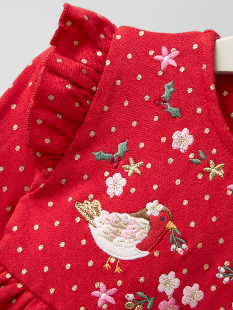 JoJo Maman Bébé Red Robin Christmas Frill Shoulder Appliqué Dress - Image 5 of 5