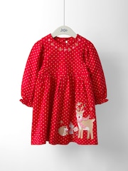 JoJo Maman Bébé Red Reindeer Christmas Yoke Appliqué Dress - Image 1 of 4