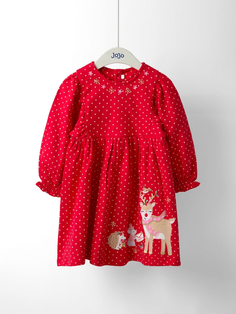 JoJo Maman Bébé Red Reindeer Christmas Yoke Appliqué Dress - Image 1 of 4