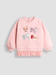 JoJo Maman Bébé Pink XMAS Characters & Bows Appliqué Tulle Frill Sweatshirt - Image 1 of 3