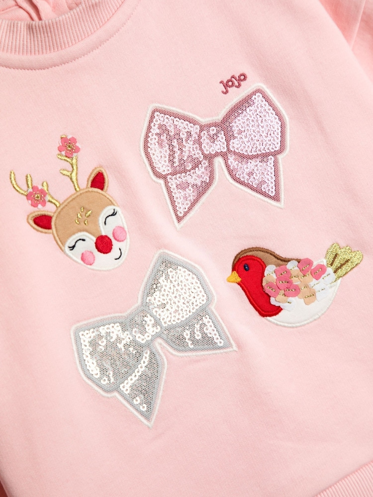 JoJo Maman Bébé Pink XMAS Characters & Bows Appliqué Tulle Frill Sweatshirt - Image 3 of 3