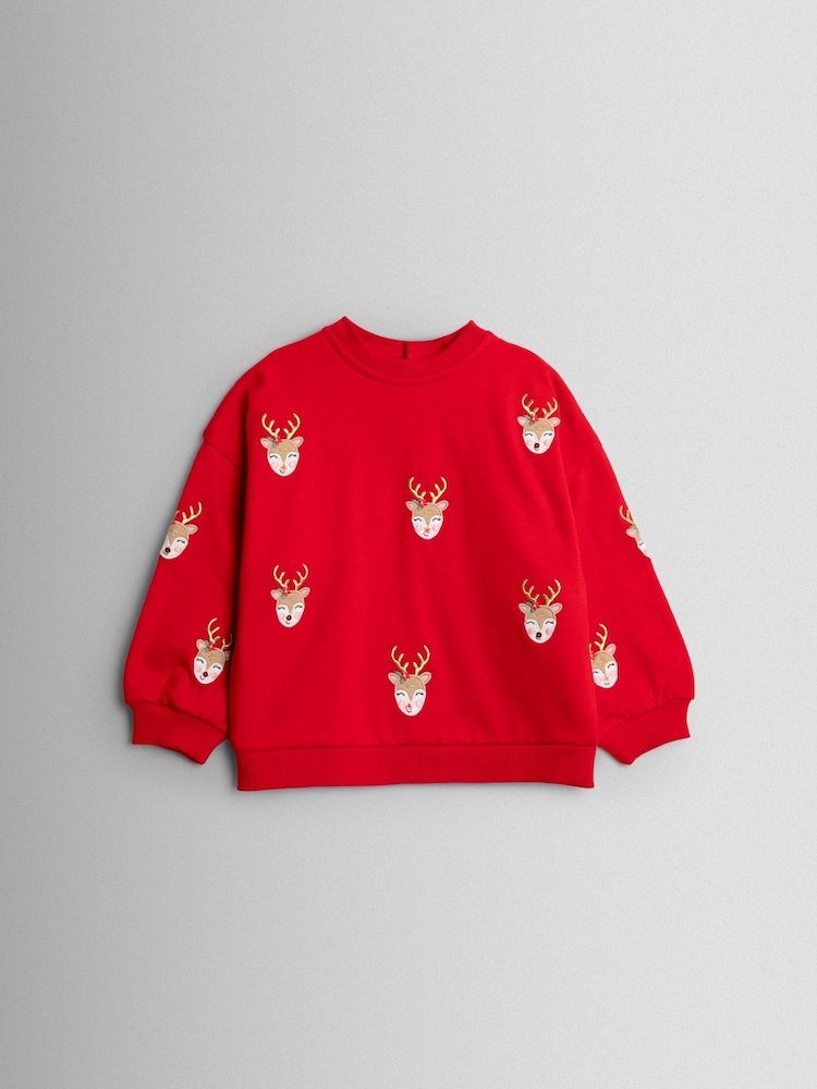 JoJo Maman Bébé Red Reindeer Appliqué Sweatshirt - Image 1 of 3