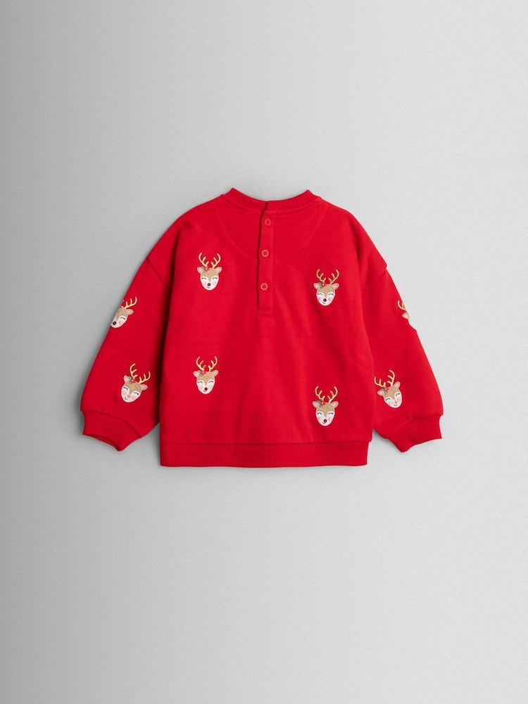 JoJo Maman Bébé Red Reindeer Appliqué Sweatshirt - Image 3 of 3