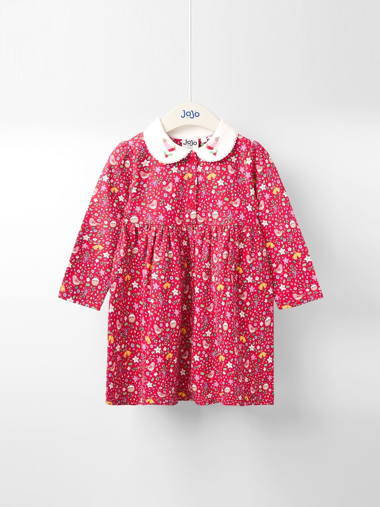 JoJo Maman Bébé Red Robin Floral Christmas Printed Embroidered Collar Dress - Image 1 of 3