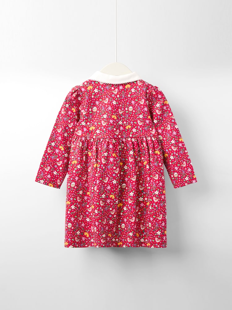 JoJo Maman Bébé Red Robin Floral Christmas Printed Embroidered Collar Dress - Image 2 of 3